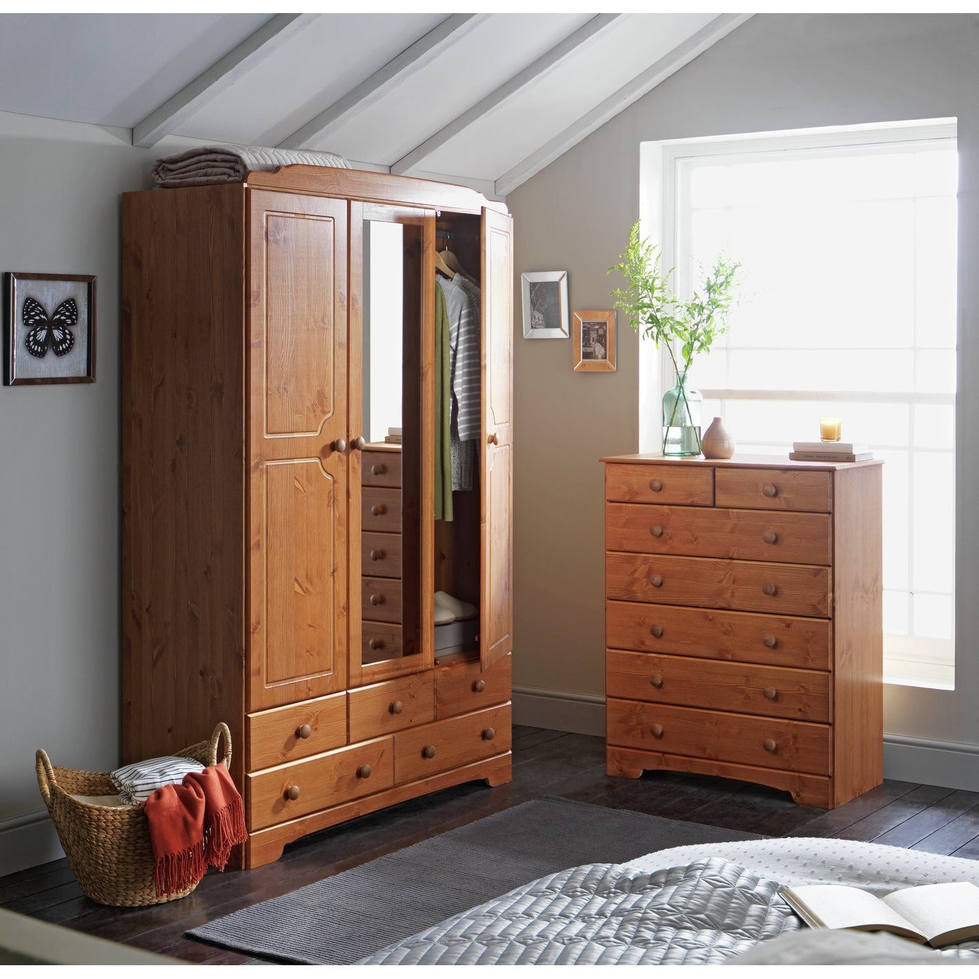 Assembled Nordic 3 Door 5 Drawer Wardrobe - Pine
